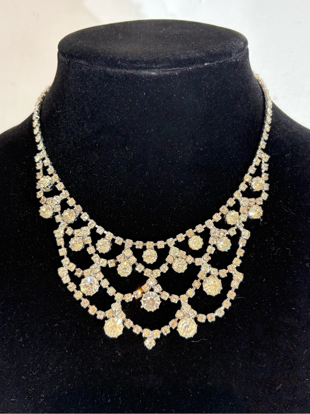 Vintage Rhinestone Bib Statement Necklace Silver Tone 15” Bridal Prom